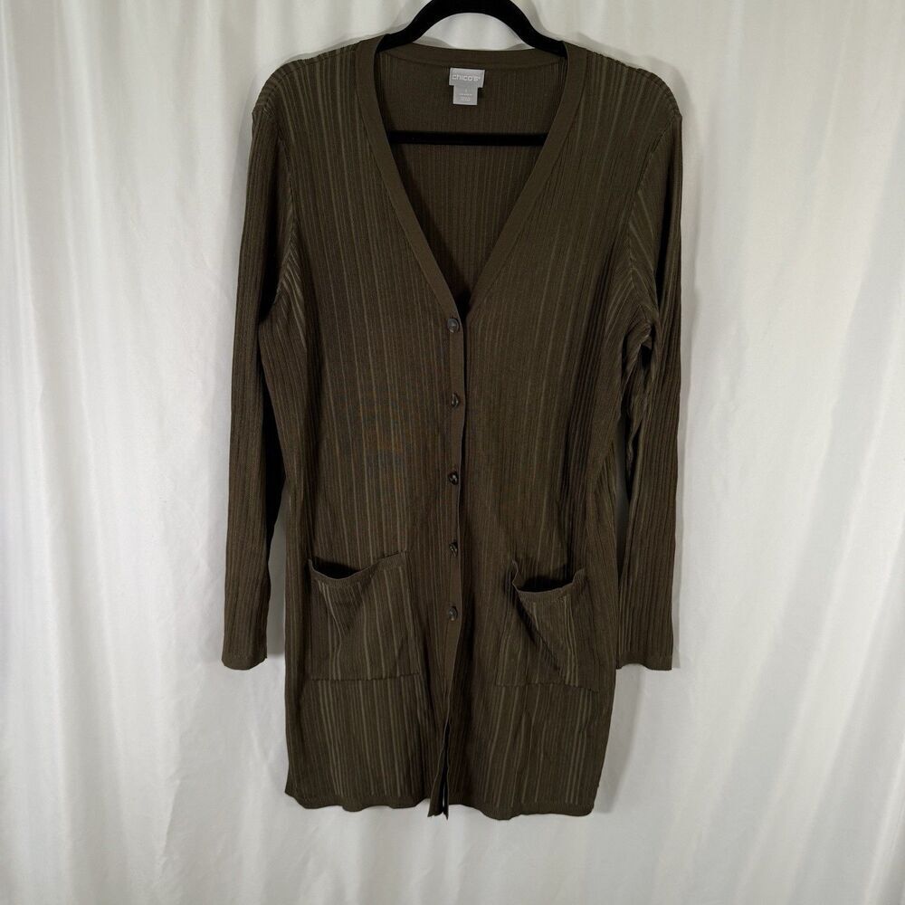 Chico's Cardigan Women's 1 Medium Green Button Front Ribbed Pockets